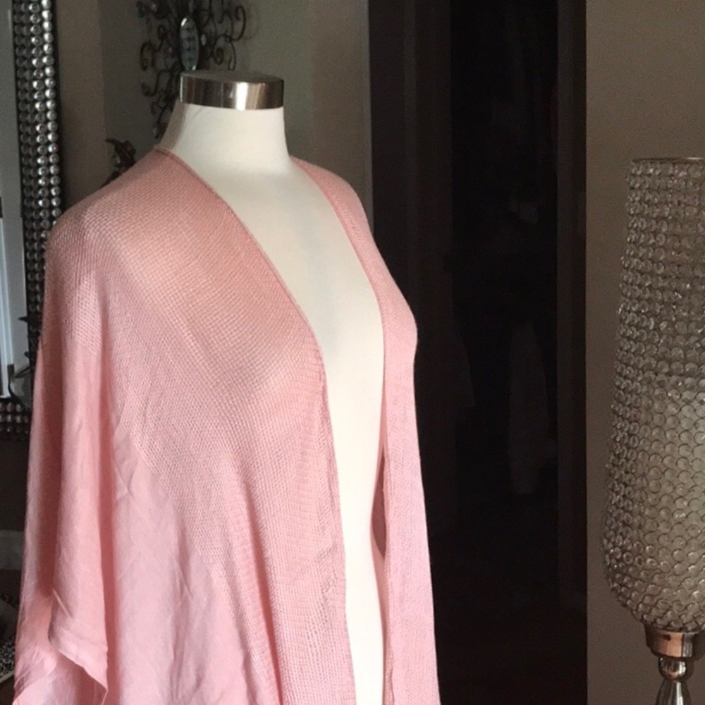 Blush Open Grid Frayed Trim Arm Hole Kimono - Picture 8 of 8